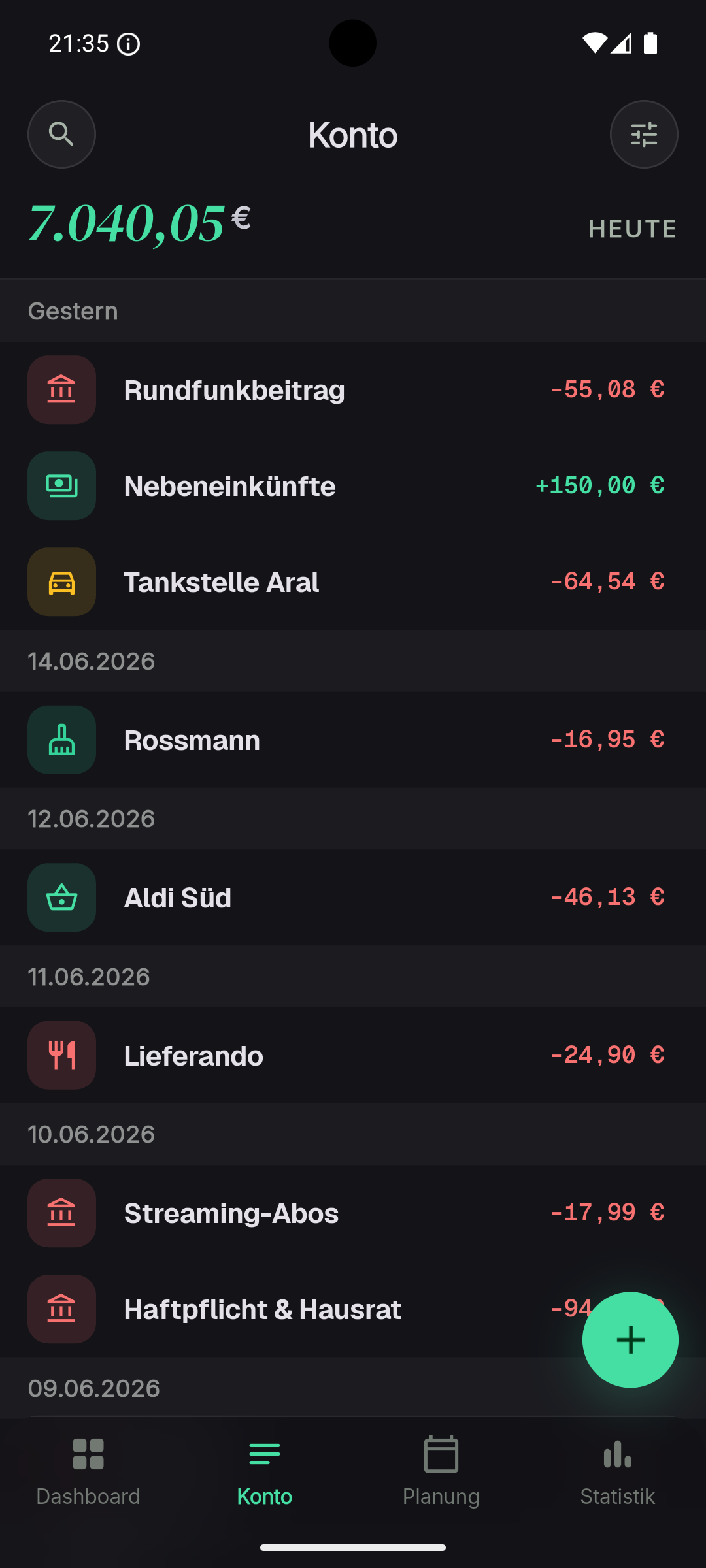 Kontoverlauf nach Datum